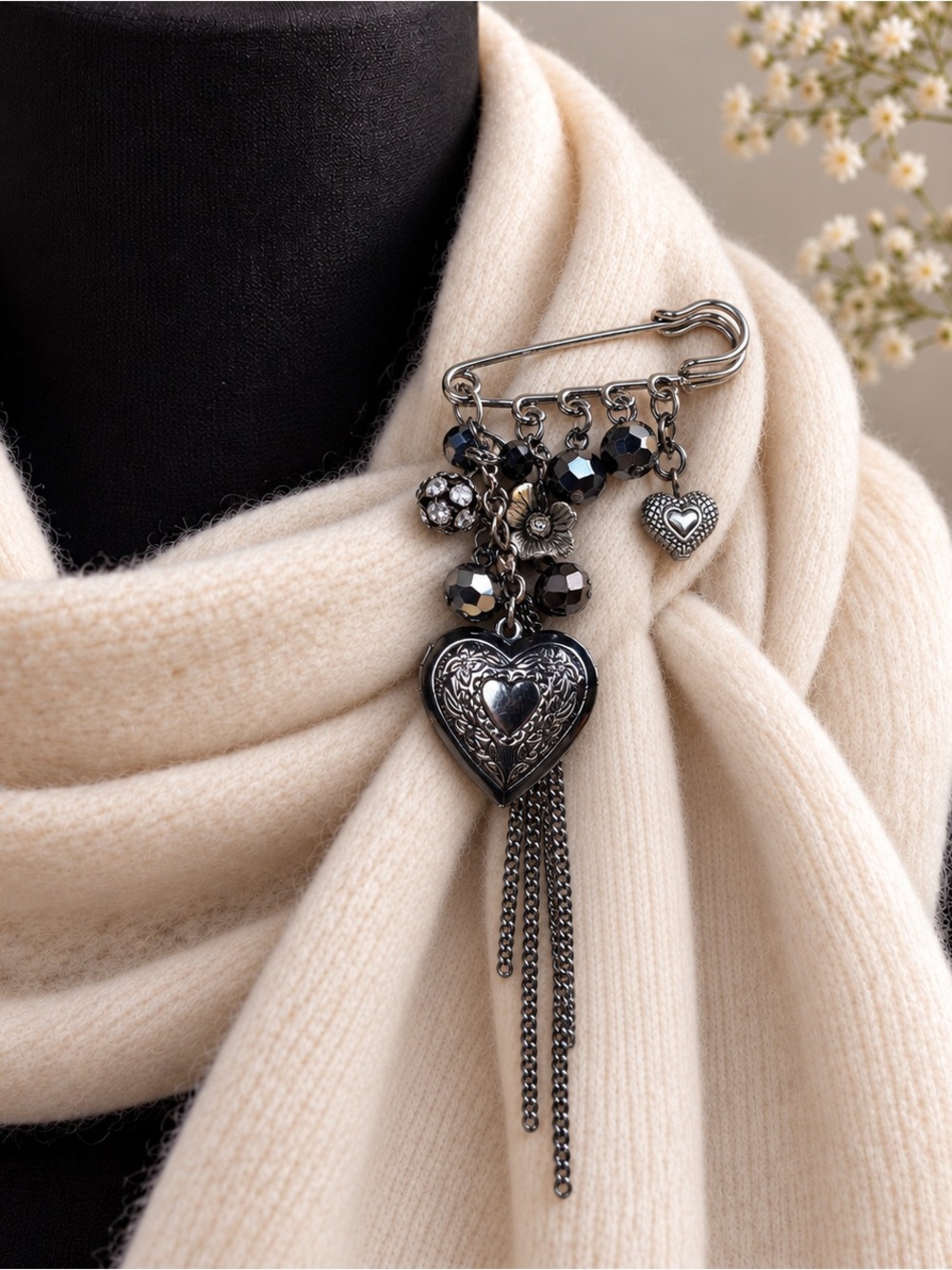 Midnight Heart Locket Handmade One-of-a-Kind Brooch